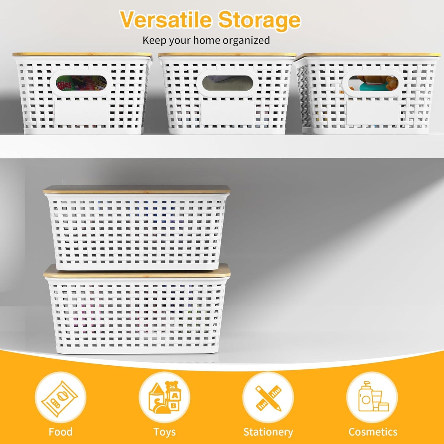 Skiennix Plastic Storage Baskets - Stackable Containers with Bamboo Lids & Labels, 6-Pack White