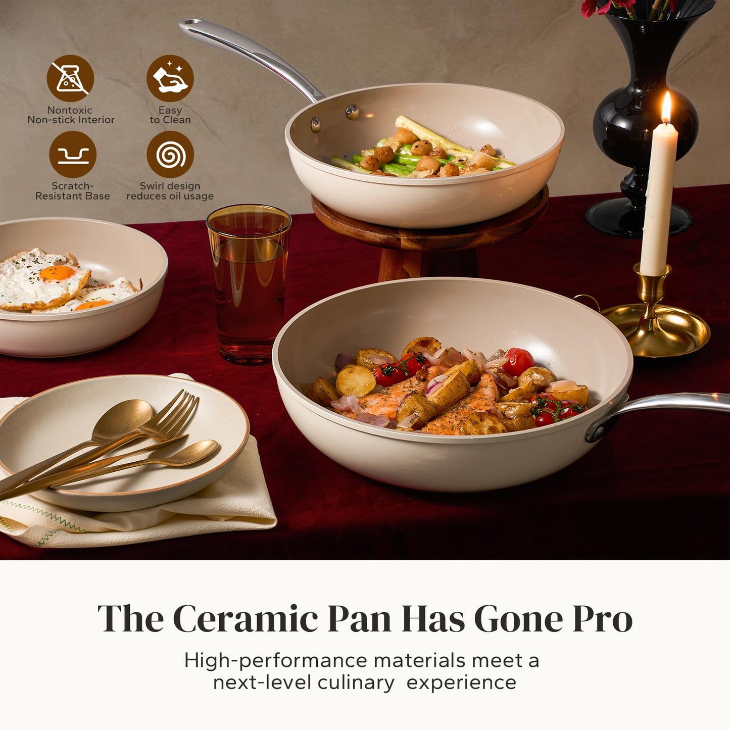Redchef Ceramic Frying Pan with Lid, 11" Deep Saute Pan, 3.5QT Large Jumbo Cooker, Frying Pan Nonstick with Stay Cool Handle, Non Toxic Cooking Pan, Induction Dishwasher Safe, PFOA & PFAS Free(Beige)
