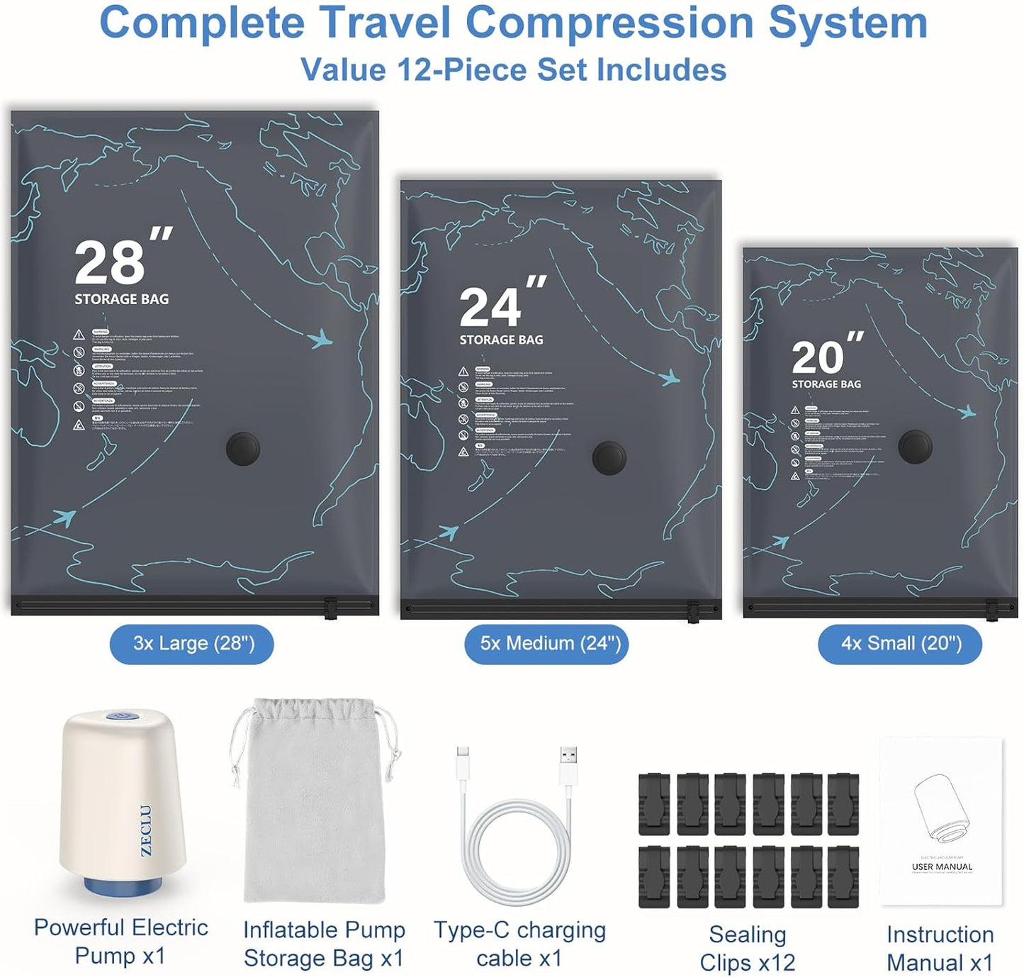 Skiennix Travel Vacuum Bags - 12 Pack Space Saver Vacuum Seal Bags with Rechargeable Pump