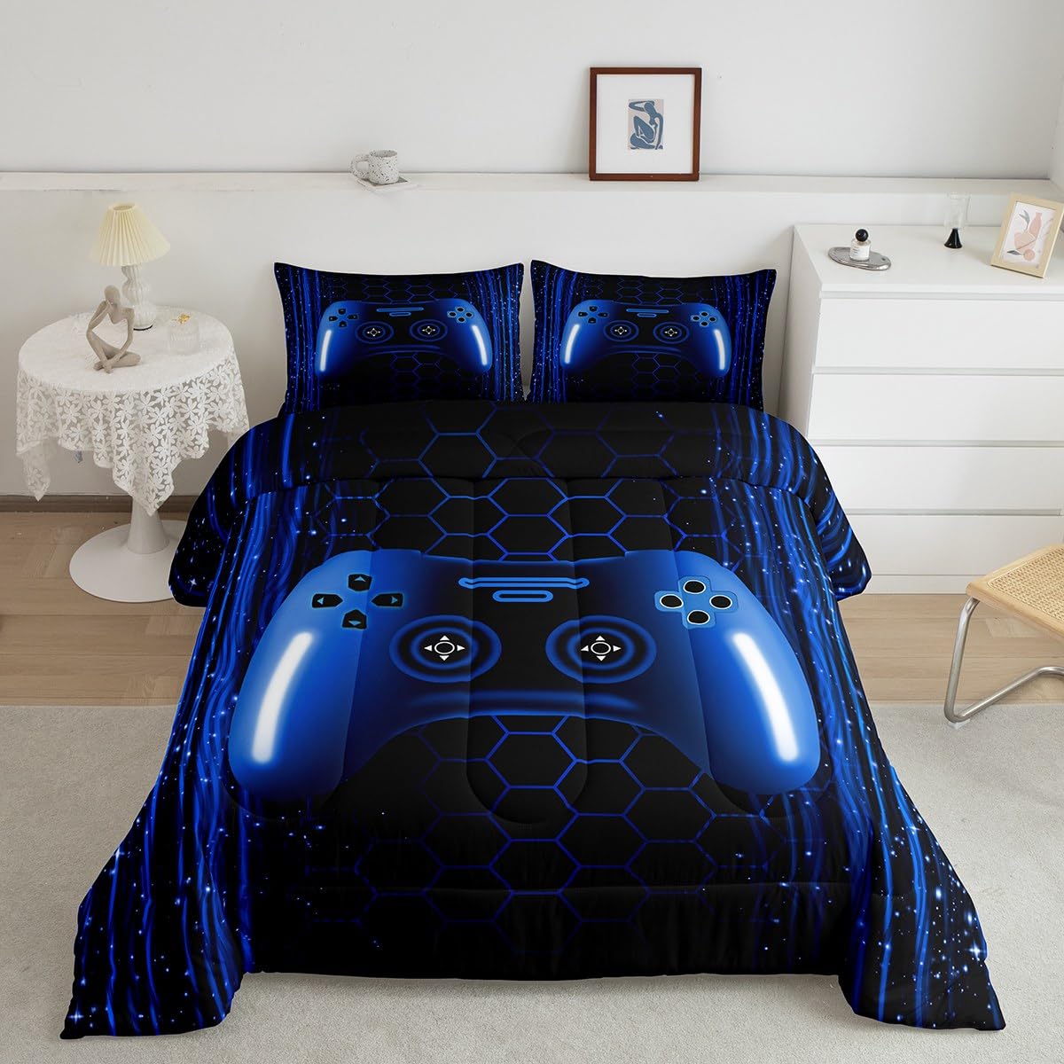 Erosebridal Kids Gamer Full Comforter Set for Boys Bedroom Neon Lights Dark Blue Gaming Bedding Set for Kids Teens Game Console Quilt Striped Honeycomb Hexagon Comforter Geometric Duvet Insert
