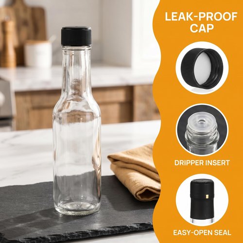 Cedilis 36 Pack Small Glass Bottle, 3oz Glass Woozy Bottle, Empty Mini Hot Sauce Bottles, Clear Liquor Wine Bottles with Shrink Capsule, Black Screw Caps, Dripper Insert