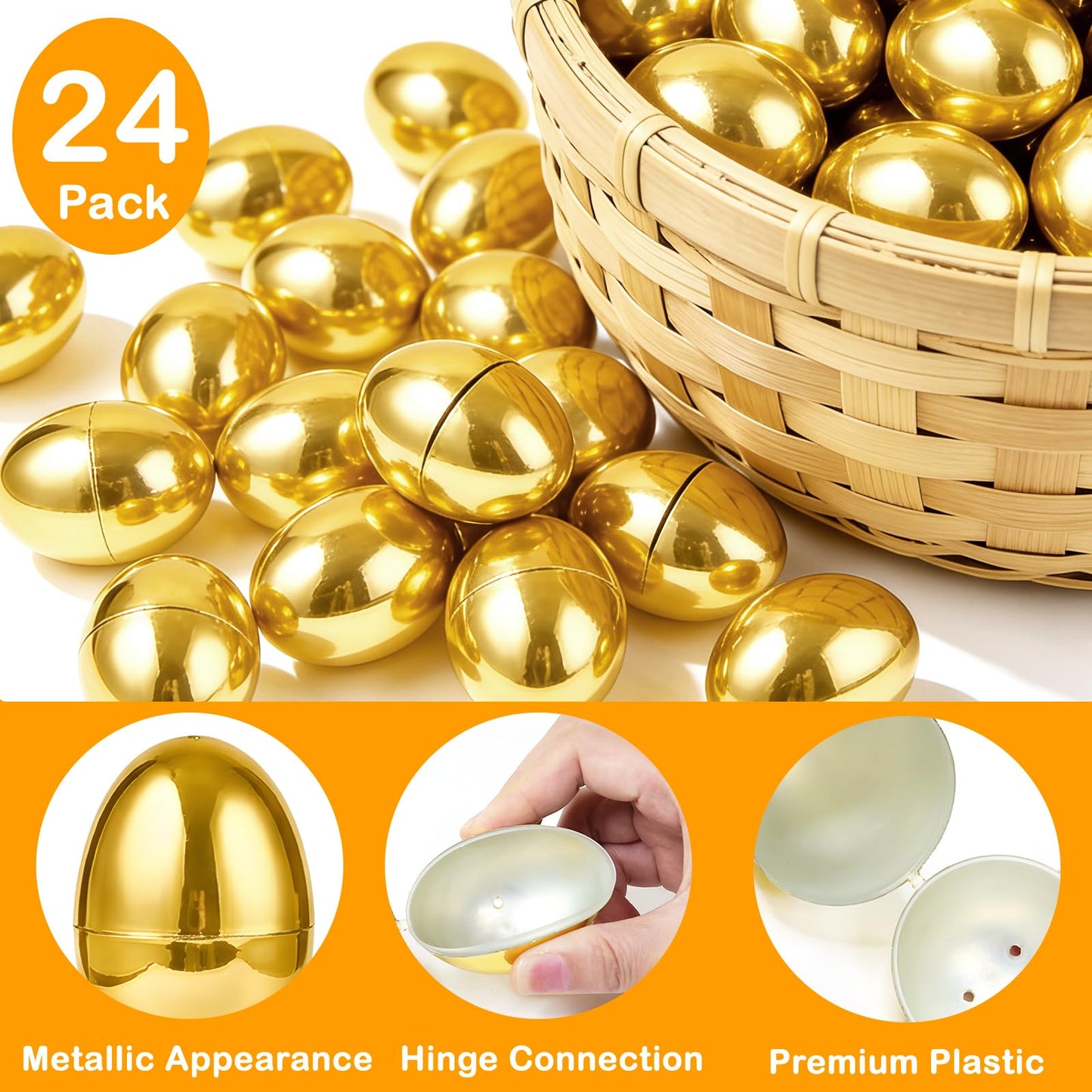 TURNMEON 24 Pack Golden Easter Eggs Empty, 2.36" Shiny Metallic Plastic Easter Eggs Fillable Surprise Gold Eggs for Easter Egg Hunt Fillling Candy Treats Toys Basket Stuffers Classroom Prize Supplies
