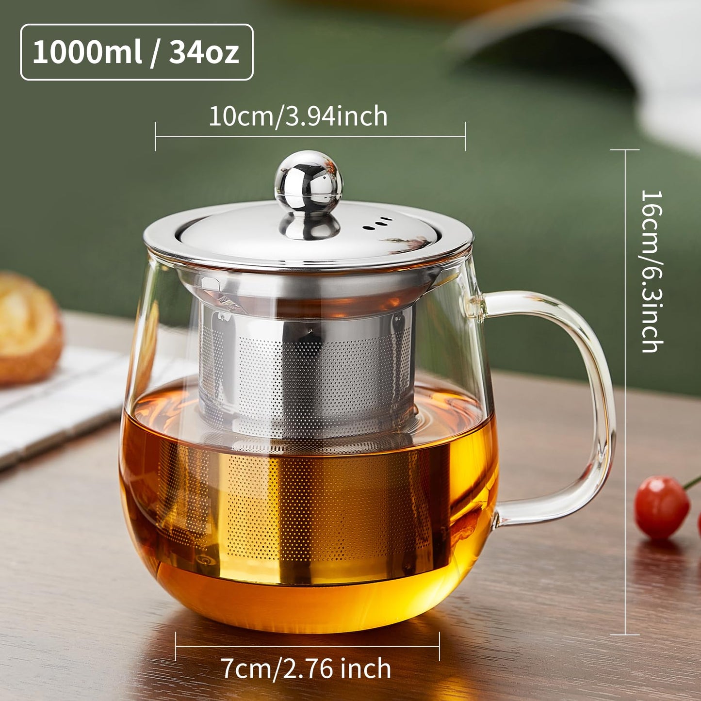 DOPUDO Glass Tea Cup with Infuser and Lid, 34oz/1000ml Large Borosilicate Teacup, Clear Mug for Loose Leaf Blooming Tea, Dishwasher Safe - Tea Maker Gift for Birthday