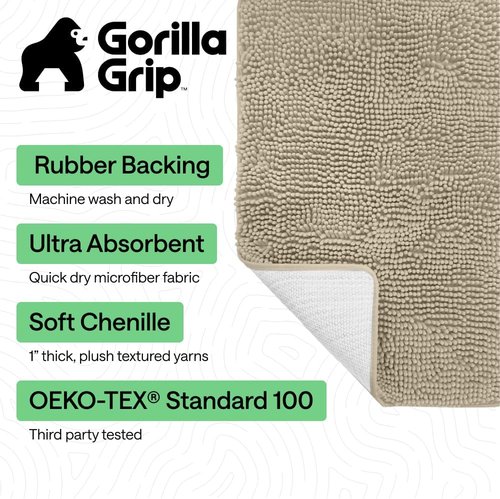 GORILLA GRIP Bath Rug Mat - Thick Soft Absorbent Chenille | Quick Dry Microfiber, 44x26 Inches, Washable