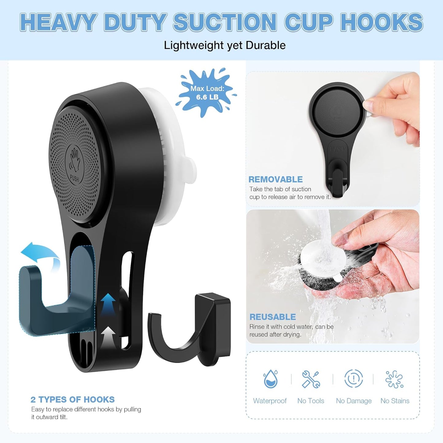 VIS'V Heavy-Duty Shower Suction Cup Hooks - Removable & Reusable, Black | 2-Pack