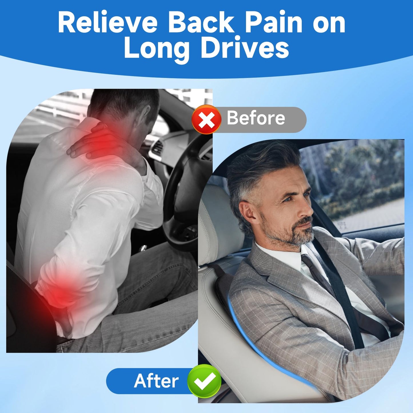Teemour Lumbar Support Pillow for Car Seat, Memory Foam Back Support Pillow with Adjustable Straps, Medium Soft Car Back Cushion for Driving, Truck, SUV, Office Chair, Black