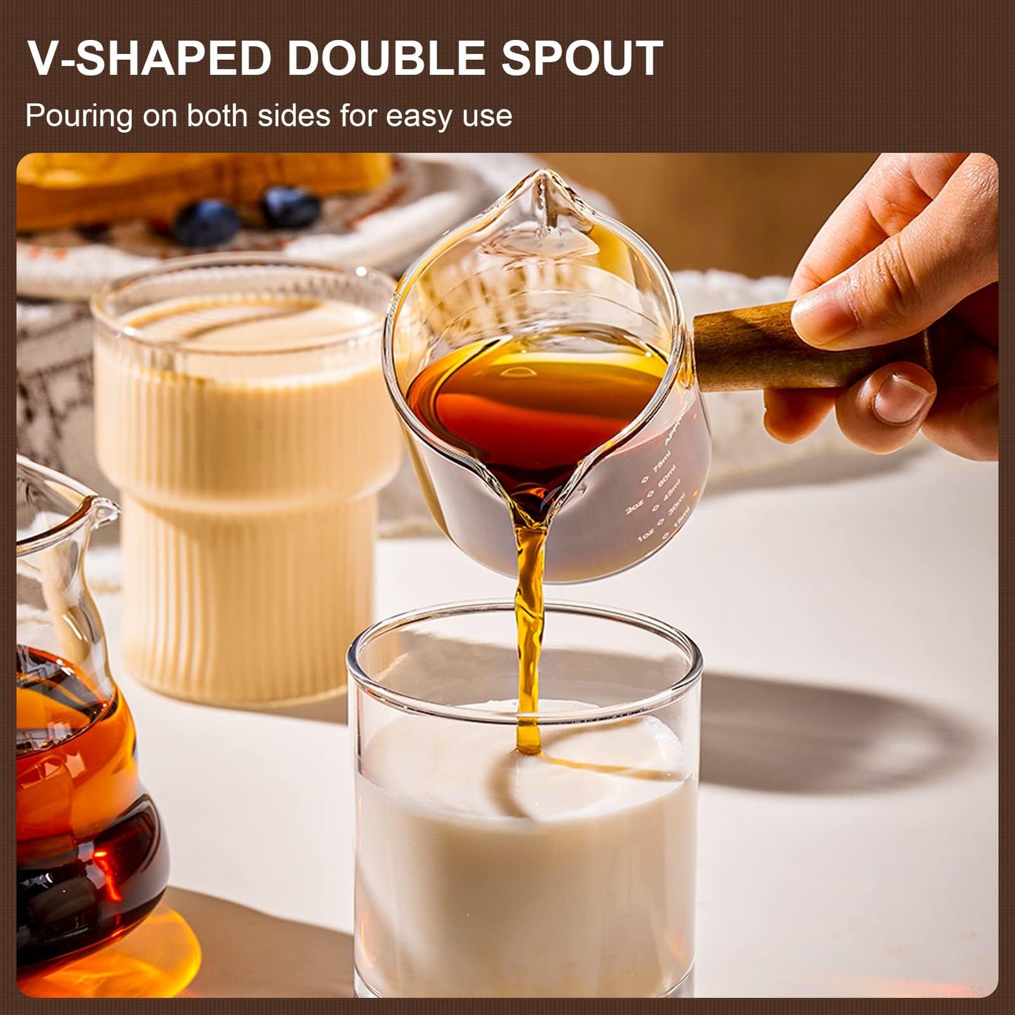 PARACITY Espresso Cups with Handle, 3.5OZ Double Spout Glass Measuring Cup with Dual Scale, Clear Espresso Shot Glass with V-Shaped Mouth, Espresso Accessories