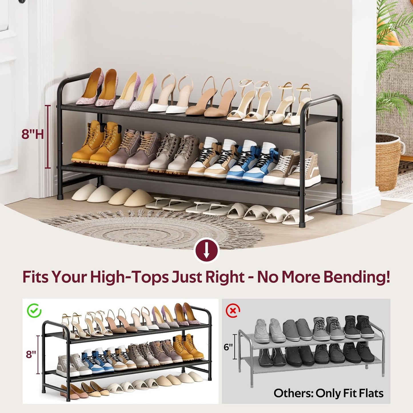 Sleeping Lamb Long 2-Tier Shoe Organizer - Stackable Rack Holds 18 Pairs | Black Storage Solution for Closet & Entryway
