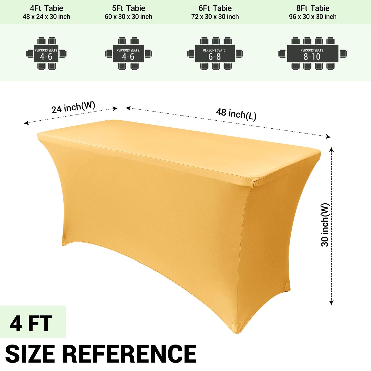 Obstal 8ft Stretch Spandex Table Cover for Standard Folding Tables - Universal Rectangular Fitted Tablecloth Protector for Wedding, Banquet, Party Gold