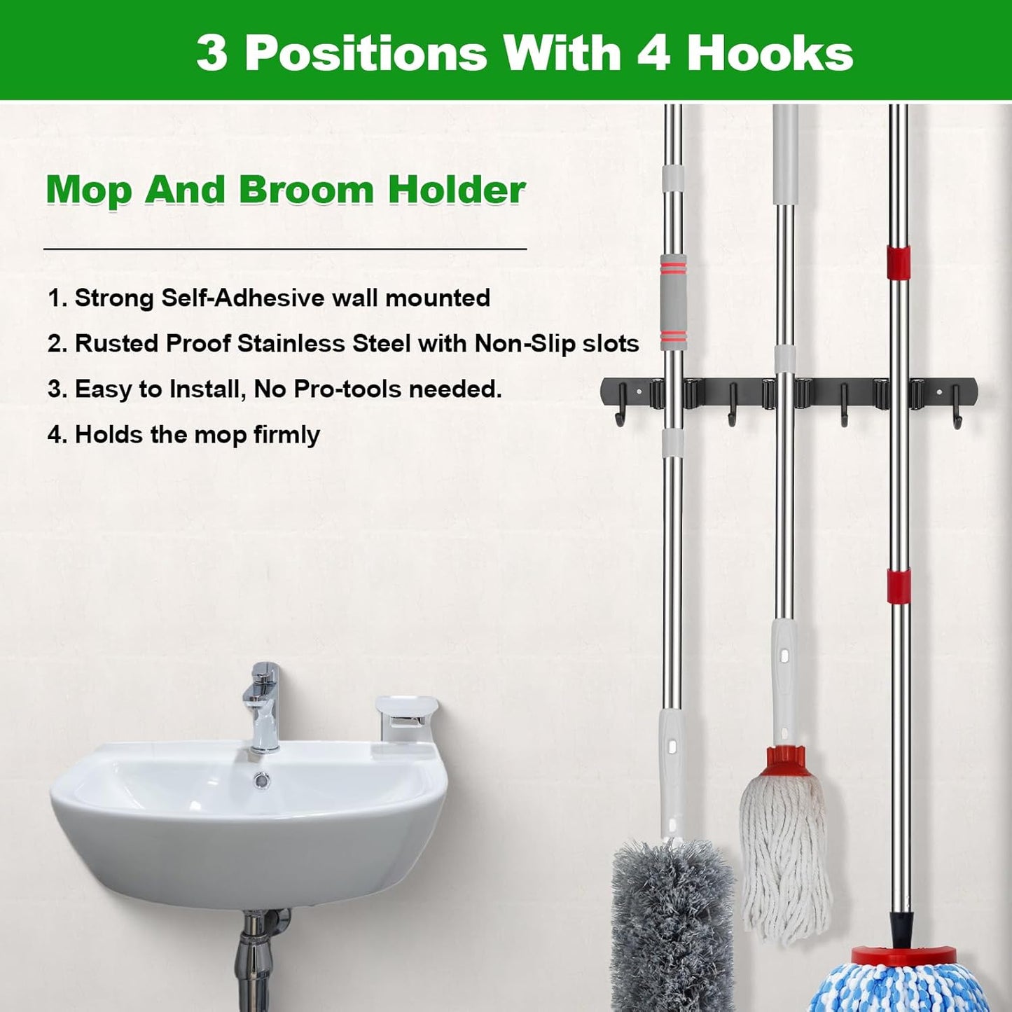Voze Mop and Broom Holder - 3 Racks & 4 Hooks, Heavy-Duty Self-Adhesive Organizer for Home & Garage