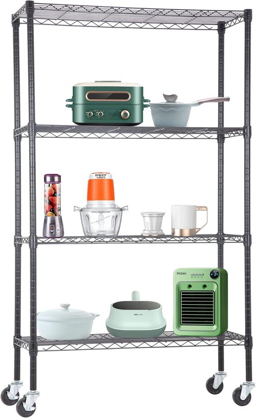 BestOffice 4-Tier Wire Storage Shelves with Wheels - Adjustable Heavy-Duty Metal Rack | 36x14x62 | Black | Holds Up to 500 lbs | No-Tool Assembly for Home & Garage