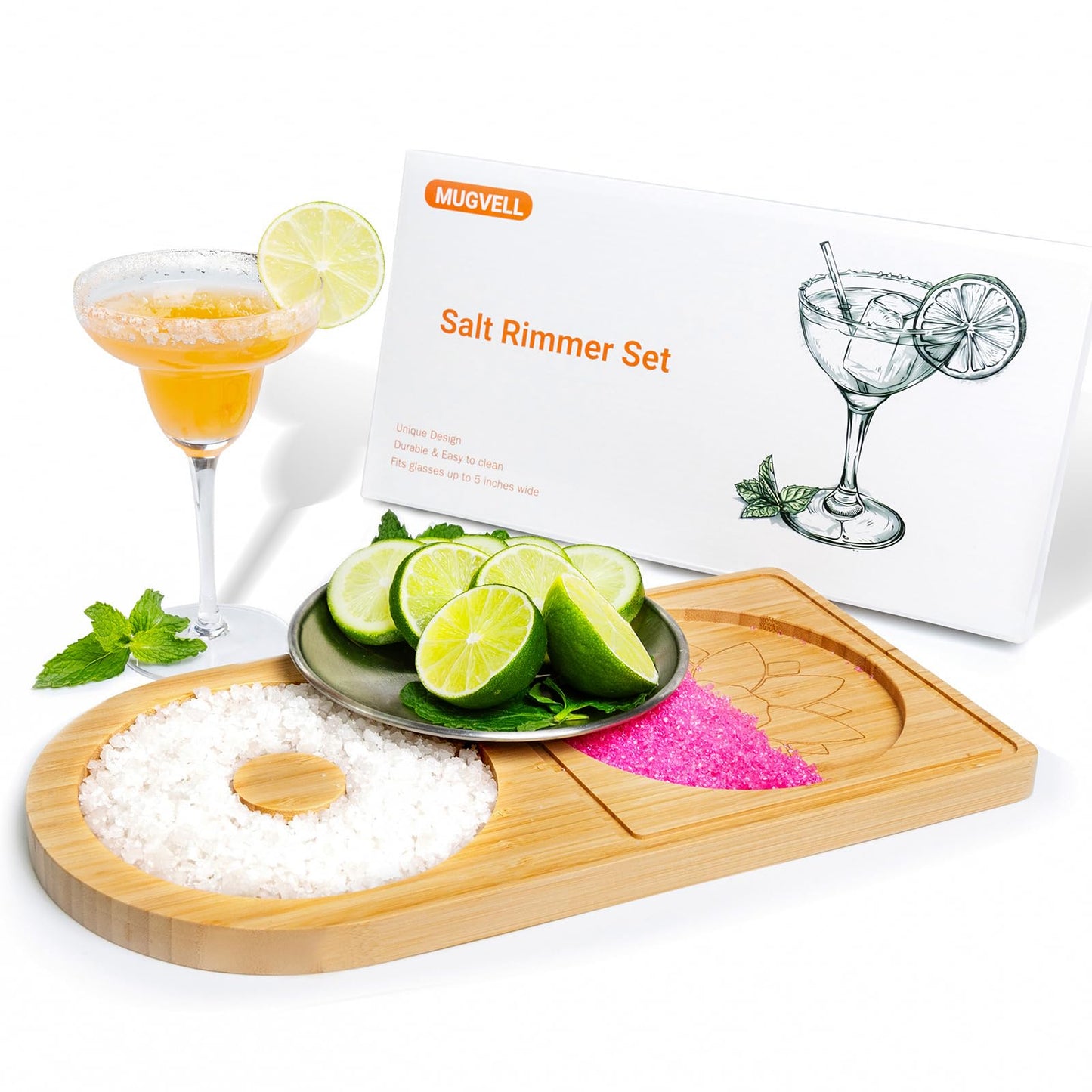 Mugvell Margarita Salt Rimmer Set, Sugar and Salt Rimmer for Cocktails, Bartender Tool with Wood Bamboo Glass Rimmer for up to 5.1" Rims, Essential Margarita Set for Party Bar Celebration