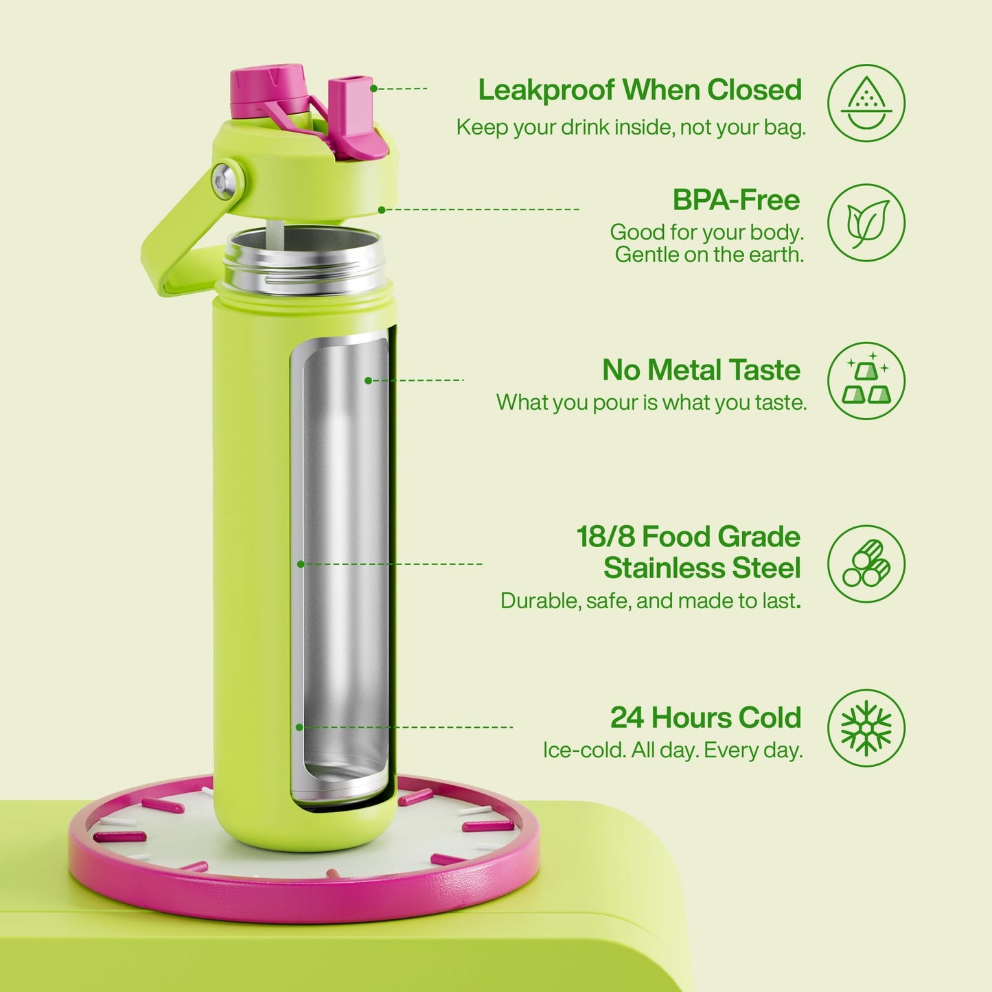 ENCOOL Insulated Water Bottle with Straw Stainless Steel Water Bottle, Leak-Proof, BPA-Free, Double Wall Vacuum Keeps Cold for 24 Hours for Sports, Travel, School (26 oz, Cream Moon)