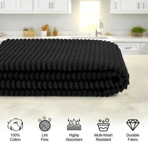 Homaxy Premium Kitchen Towels (18"x 28", 6 Pack), Large 100% Cotton Kitchen Hand Towels, Ultra Absorbent Ribbed Terry Tea Towels Set with Hanging Loop, Black