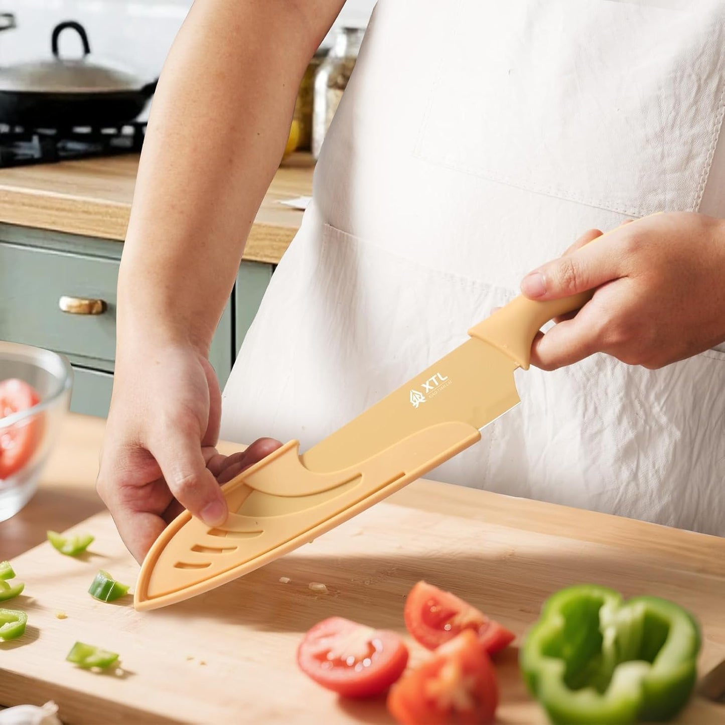 XTL 5-Piece Kitchen Knife Set with Matched Blade Guards, Stainless Steel Knife Set With Nonstick Ceramic Coating, Dishwasher Safe, Rustproof, 5 Knife Set for Kitchen Cooking, Cutting & Chopping