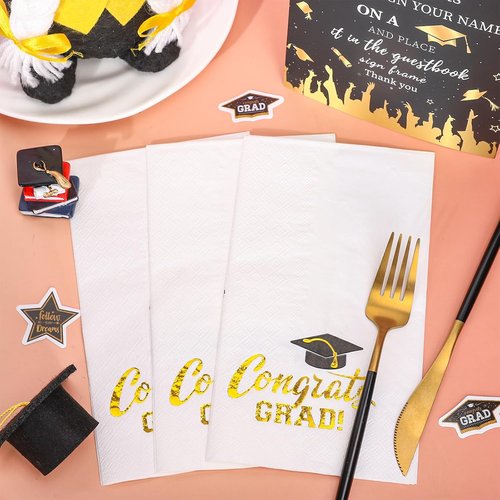 FYSUIMU Graduation Guest Napkins - 50 Pcs Gold Foil Congrats Grad Design | Disposable Dinner Paper Towels