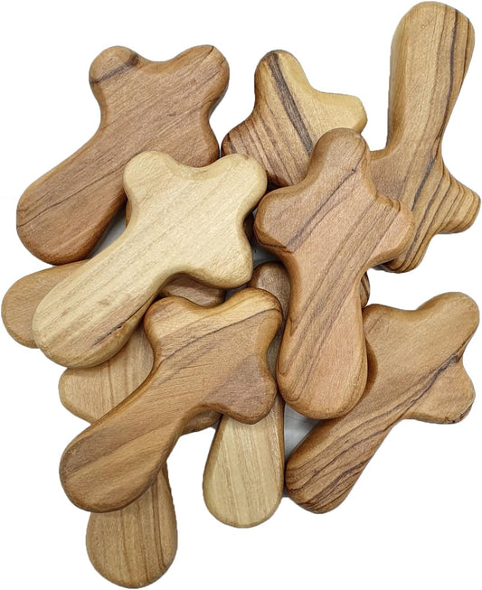 Handmade Olive Wood Crosses Set of 10 – Mini Fidget Pocket Crosses for Prayer & Comfort