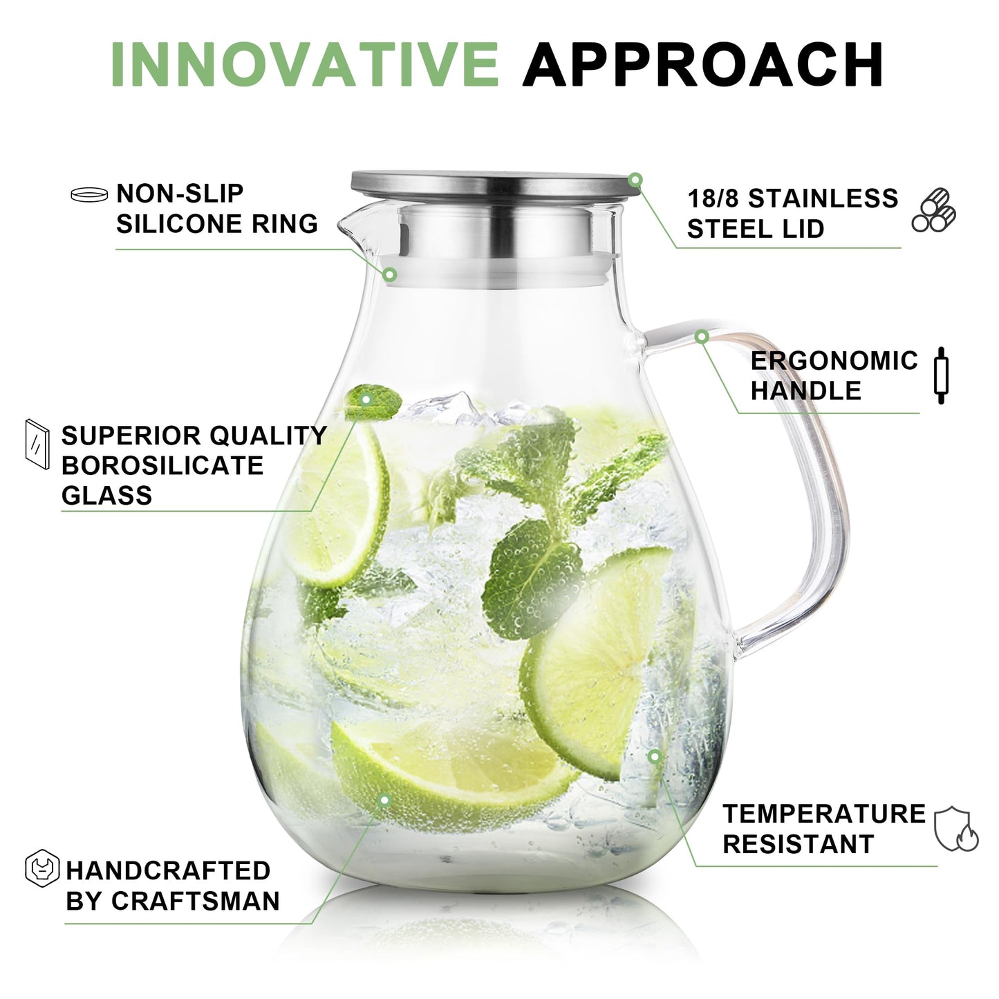 SUSTEAS 2.2 Liter 75oz Glass Pitcher, Water Pitcher with Lid And Wide Handle, Easy Clean Juice Jug for Fridge, Beverage Carafe for Cold/Hot Water, Iced Tea, 1 Long-Handled Brush Included