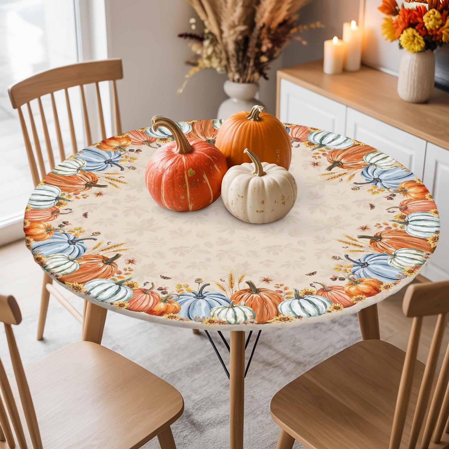 Thanksgiving Round Fitted Tablecloth 45-54inch, Autumn Pumpkin Sunflower Table Cover with Elastic Edged Waterproof Spillproof Table Cloths for Kitchen Dining Patio Holiday Tables, Fall Maple Leaves