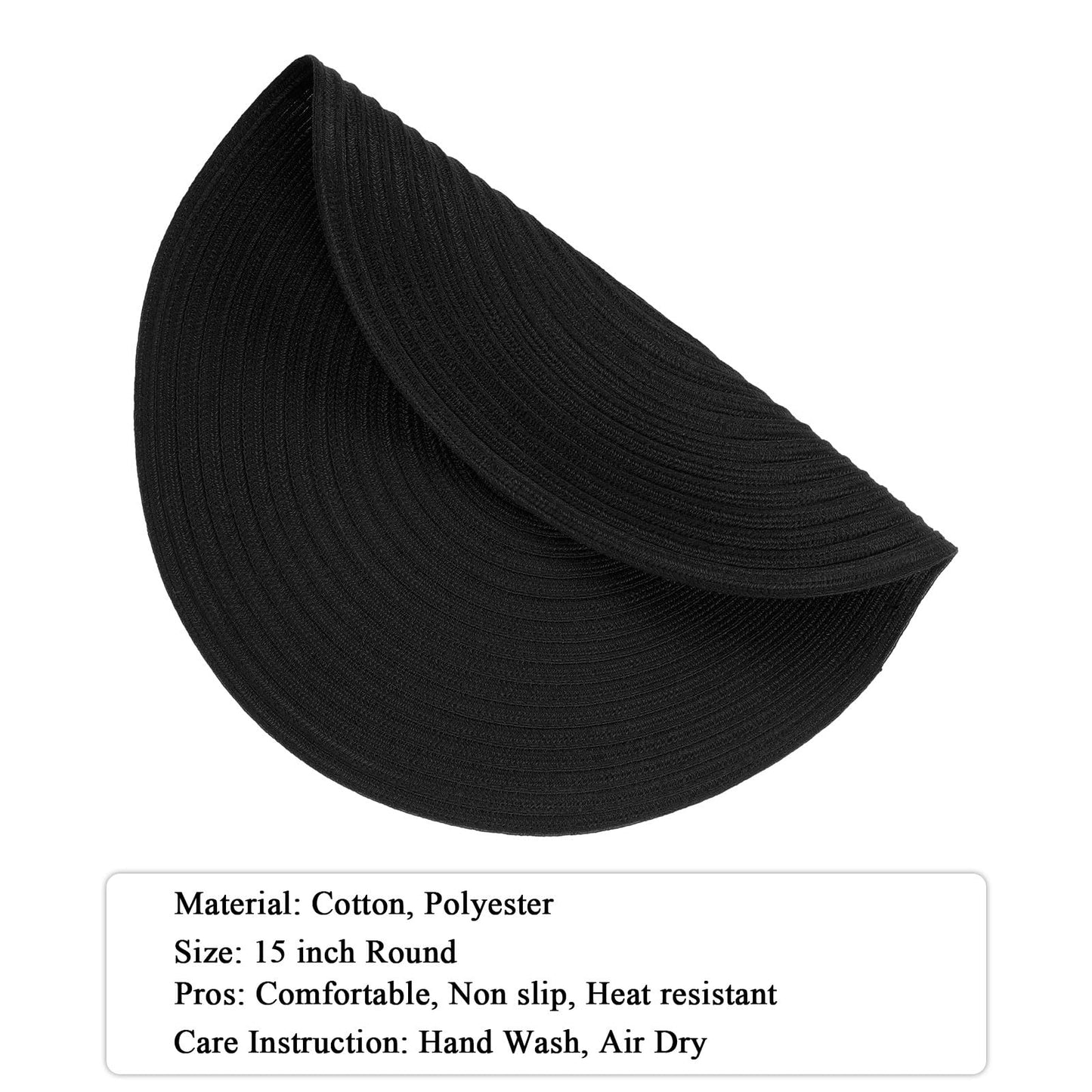 SHACOS Round Braided Placemats Set of 8 Washable Cotton Polyester Woven Round Table Mats for Dining Tables 15 inch (Black, 8)
