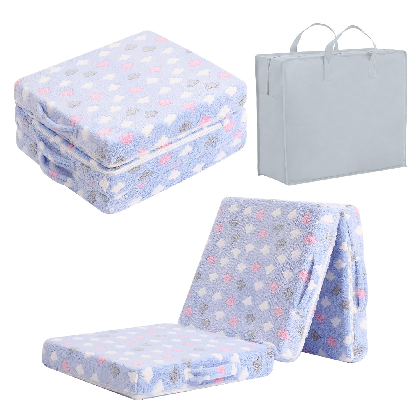 Tiita Toddler Foldable Floor Mattress for Kids, Small Floor Nap Mat for Sleeping Daycare, Kids Trifold Chair, Portable Toddler Tri Folding Mattress for Girls and Boys,Blue Cloud