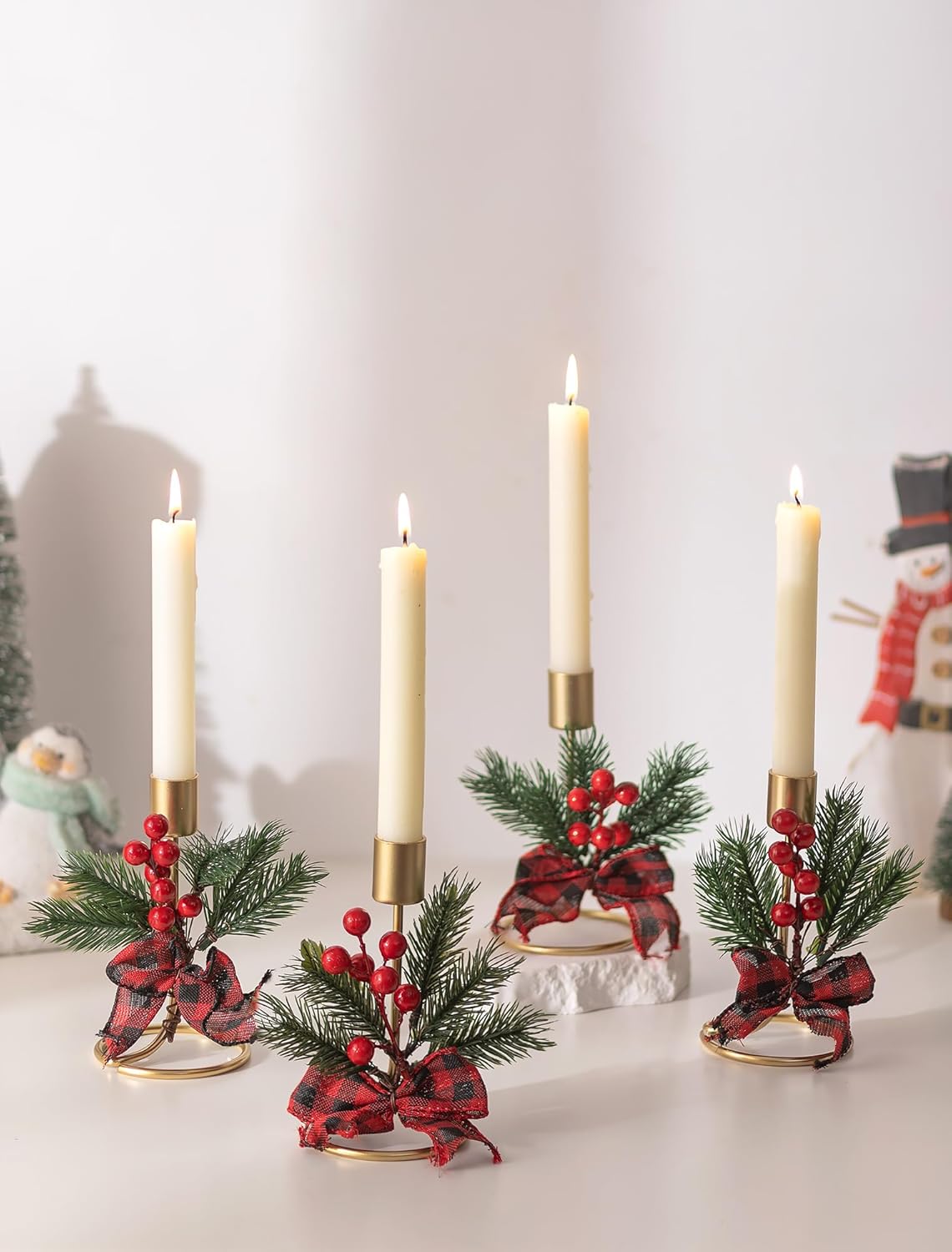 Romadedi Candle Holders - Gold Taper Candlestick Holders with Red Berry Decoration | Set of 2 for Festive Christmas Decor
