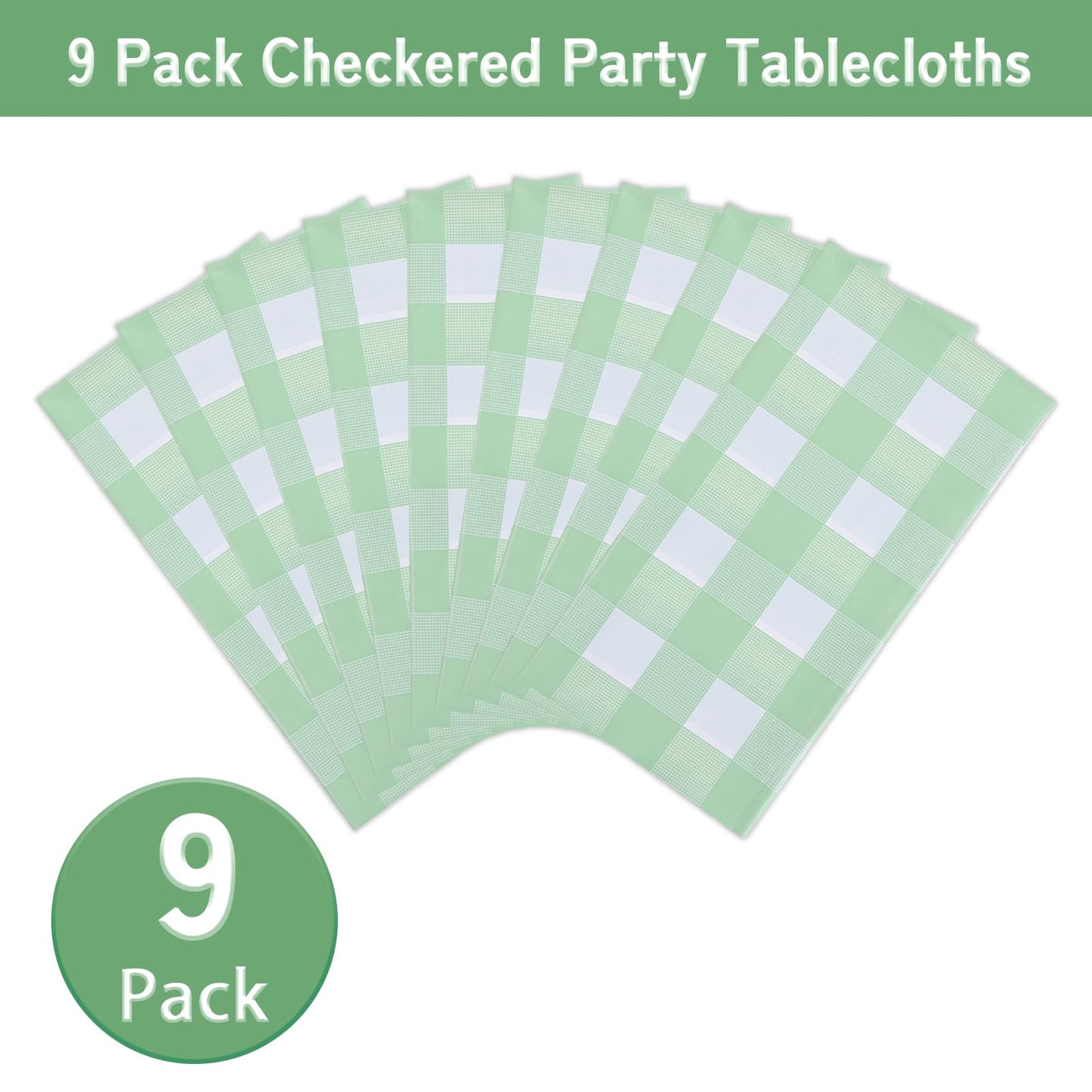 Kesfey 9 Packs Sage Green Gingham Tablecloth Sage Green and White Checkered Table Cloths 54 x 108 Inches Disposable Plastic Gingham Tablecovers Waterproof Picnic Camping Table Covers for Baby Shower