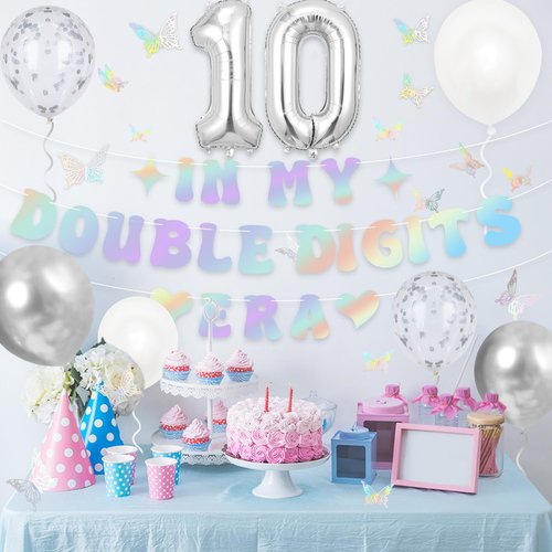 Holkcog 10th Birthday Decorations Silver, In My Double Digits Era Banner, Happy 10th Birthday Decorations for Girls Boys Double Digits Party Supplies Silver Number 10 Balloon Butterfly 10 Party