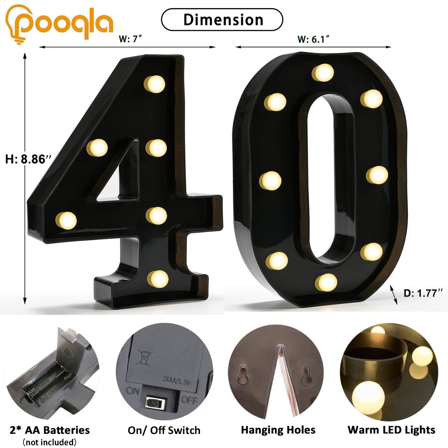 Pooqla Decorative Led Light Up Number Letters, Black Plastic Marquee Number Lights Sign for 40th Birthday Party Wedding Decor Battery Operated Black Number 40