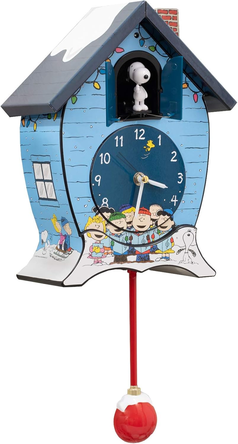 Mark Feldstein Peanuts Gang Holiday Cuckoo Clock - Icy Blue, 17 Inch Decorative Timepiece