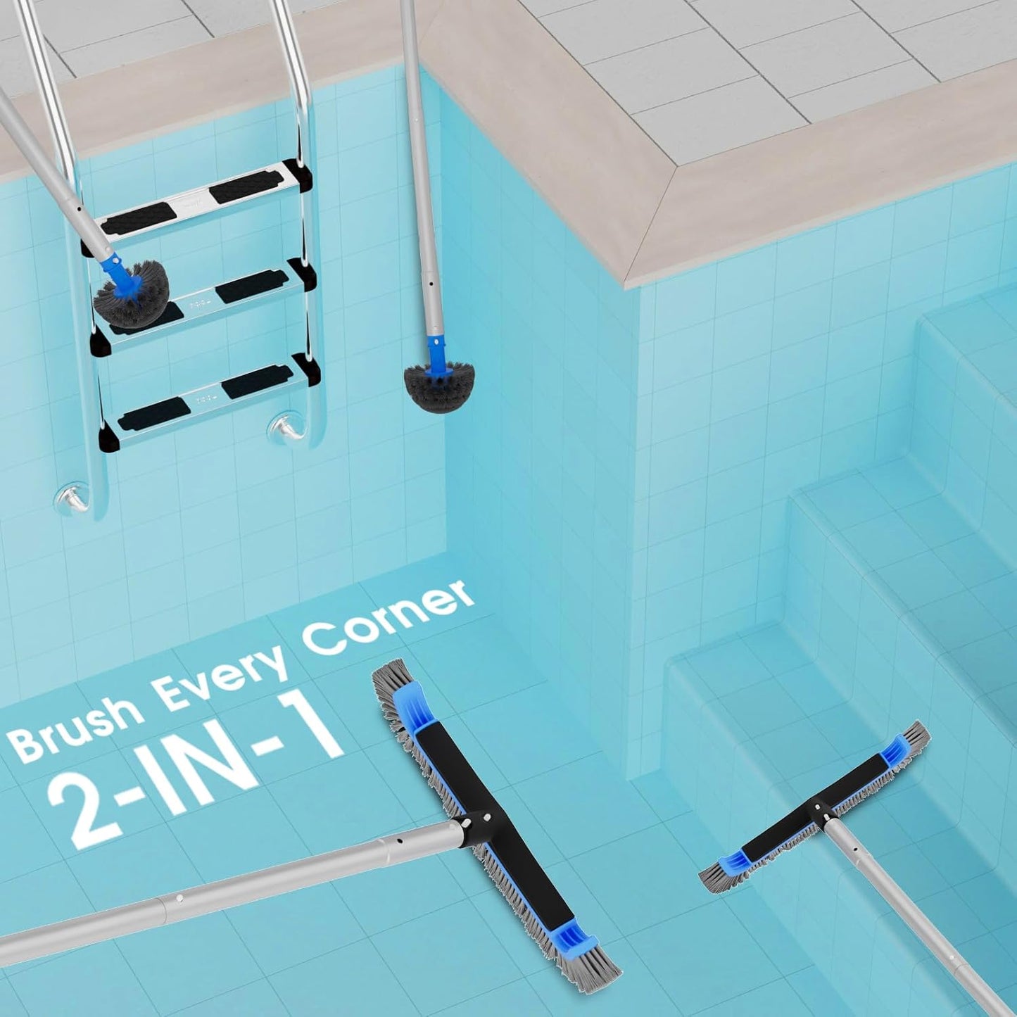 Skiennix 2-in-1 Multifunctional Pool Brush - 17.5'' Heavy Duty with 10 FT Aluminum Poles for Inground & Above Ground Pools