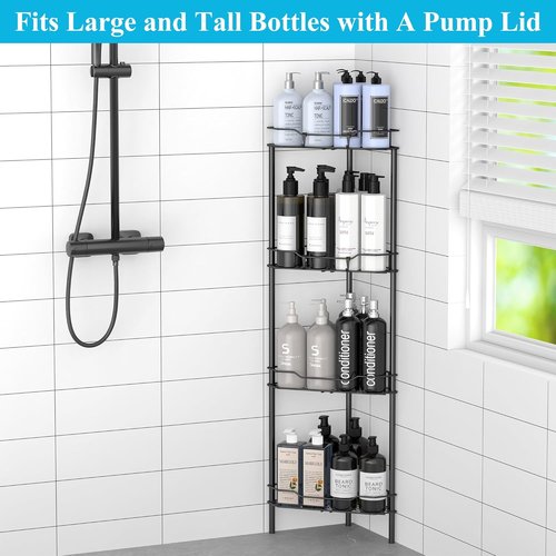 HuggieGems Corner Shower Caddy Organizer - 4 Tier Floor Standing Shelf with Hooks, Black Finish