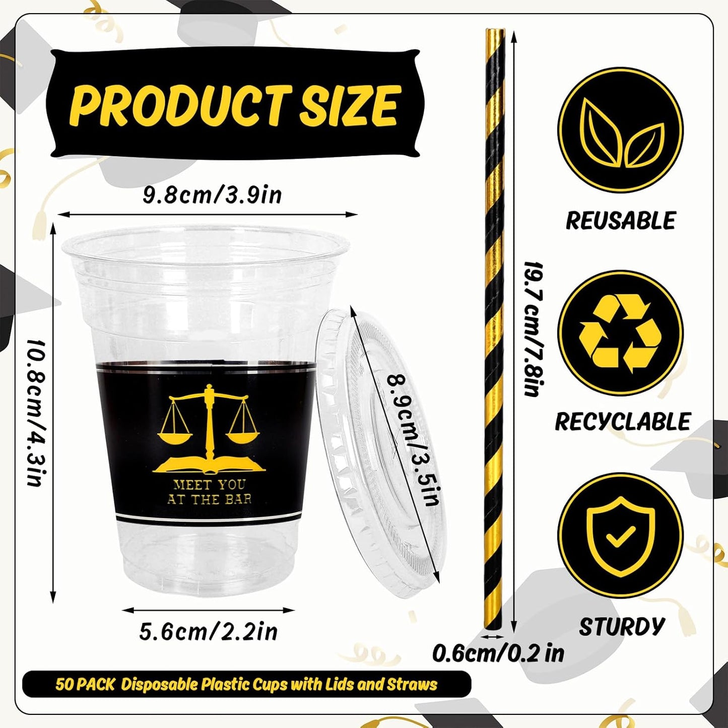 Whaline 50Pcs 12Oz Law School Graduation Cups - Disposable Plastic with Lids & Straws | Congrats Grad Party Supplies