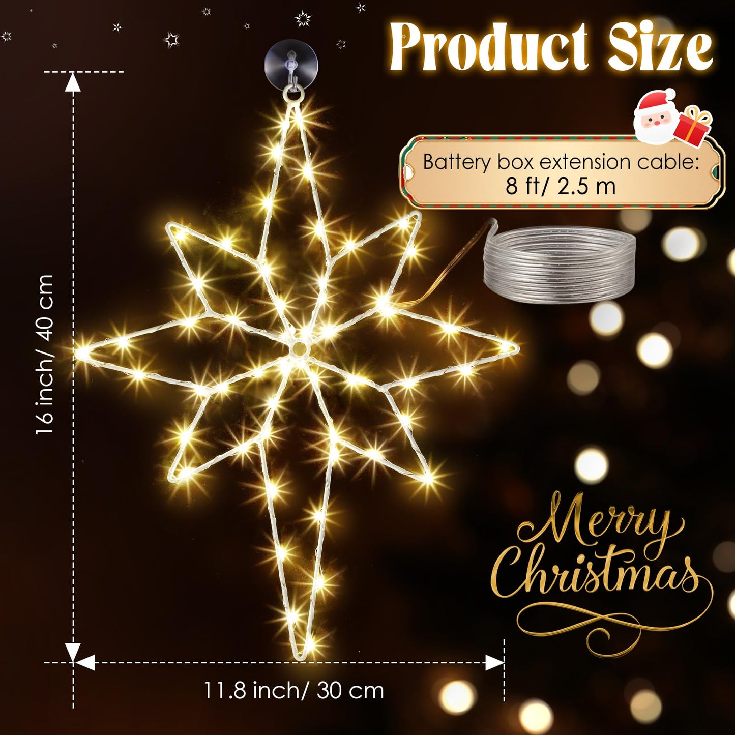 Hiboom Large 3 Pack Christmas Window Light Decorations, LED Bethlehem Christmas Star Window Silhouette Lights with Timer, 8 Models, Iron Frame, Battery Operated Lighted Xmas Star Decors(16 Inch)