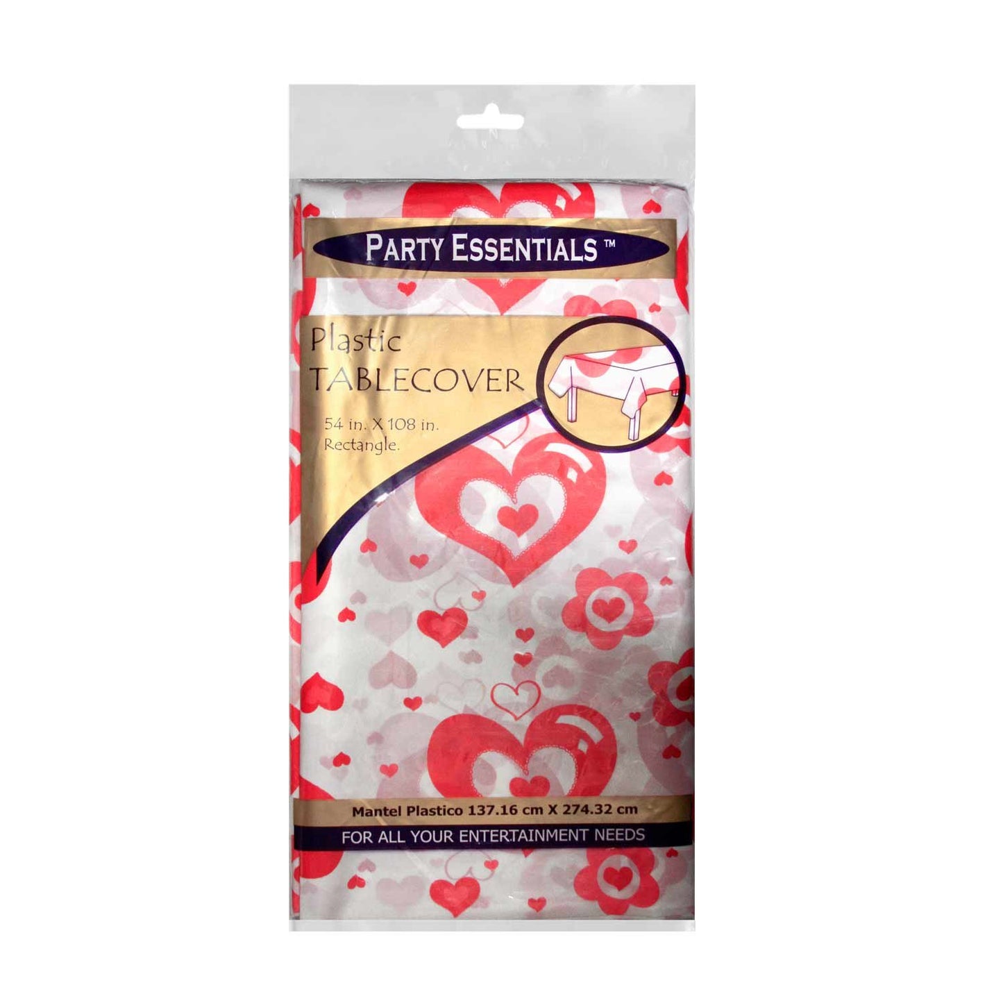 Party Essentials 54108 Rectangular Heavy Duty Plastic Tablecover, 108" Length x 54" Width, Valentine Print (Case of 24)