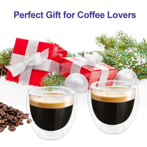 Double Wall Expresso Cups (Set of 2), 3 Ounce Glass Espresso Mugs - Clear, Double Walled, Insulated, Small Demitasse Cups for Espresso Machine - Microwave Safe