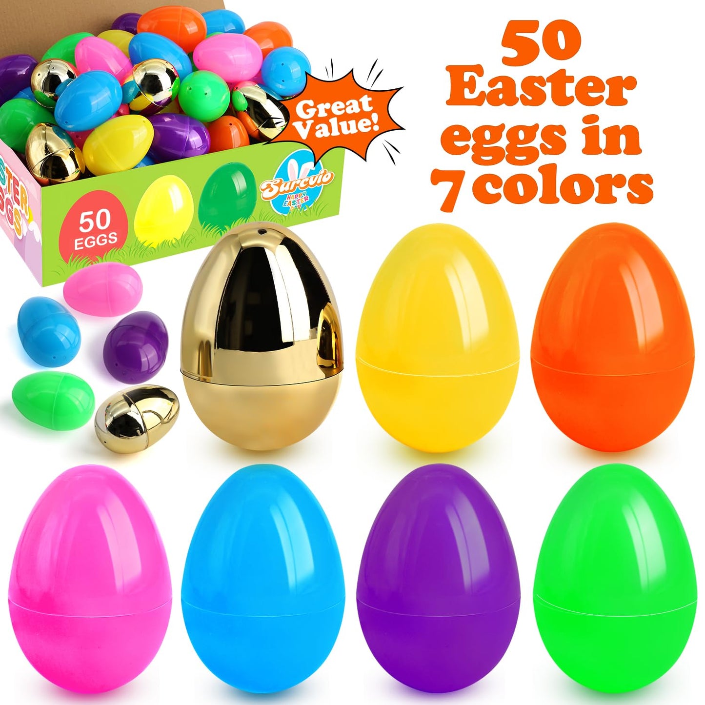 [6 Surprise Golden Eggs] 50 Pack 3 Inch Large Easter Eggs, Empty Easter Eggs Fillable, Bright Colors Plastic Eggs Bulks for Easter Hunt, Easter Party Favor, Basket Stuffers Fillers