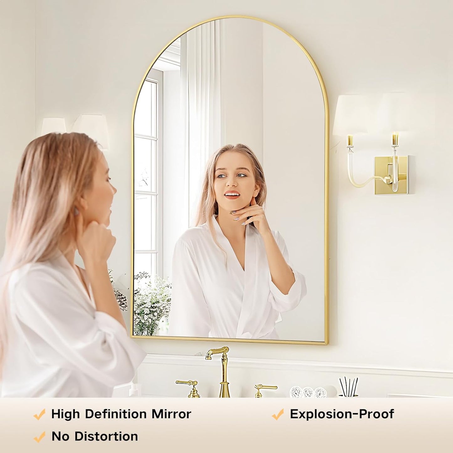 Gold Arched Bathroom Mirror - 20x30 Gold Mirror Arch Framed for Wall, Over Sink Mantel Vanity Mirrors Decorative for Dresser, Firplace