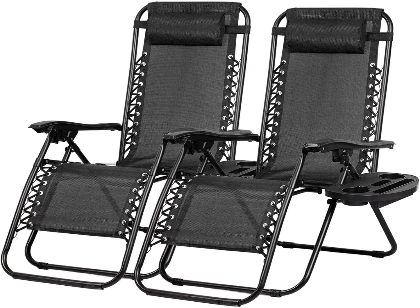 Nazhura Adjustable Zero Gravity Lounge Chairs - Set of 2 Relaxing Patio Recliners with Pillow & Cup Holder | Black