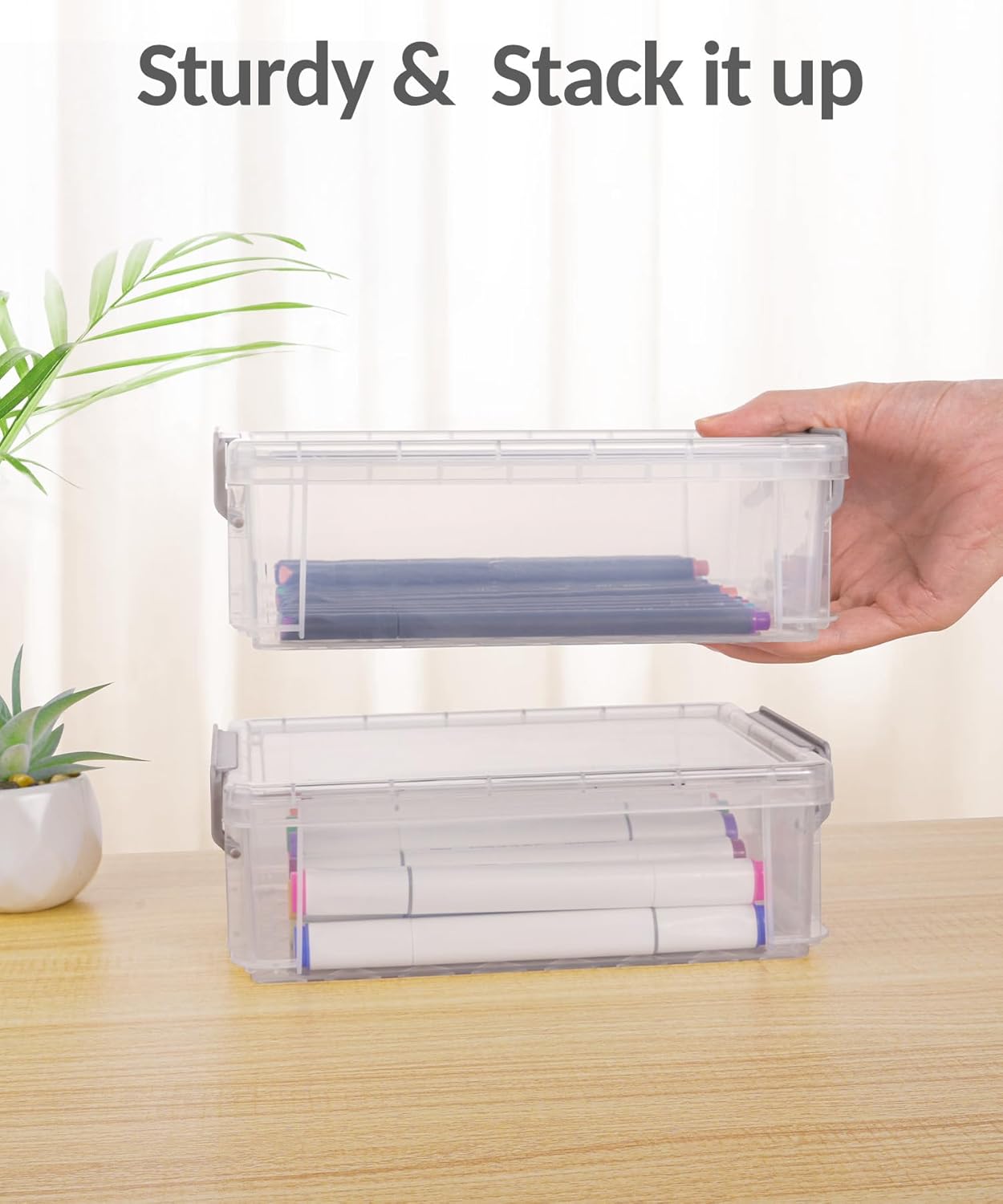 Sooez Extra Large Pencil Box Set - Clear Plastic Organizer with Lid | Stackable Storage for Art Supplies