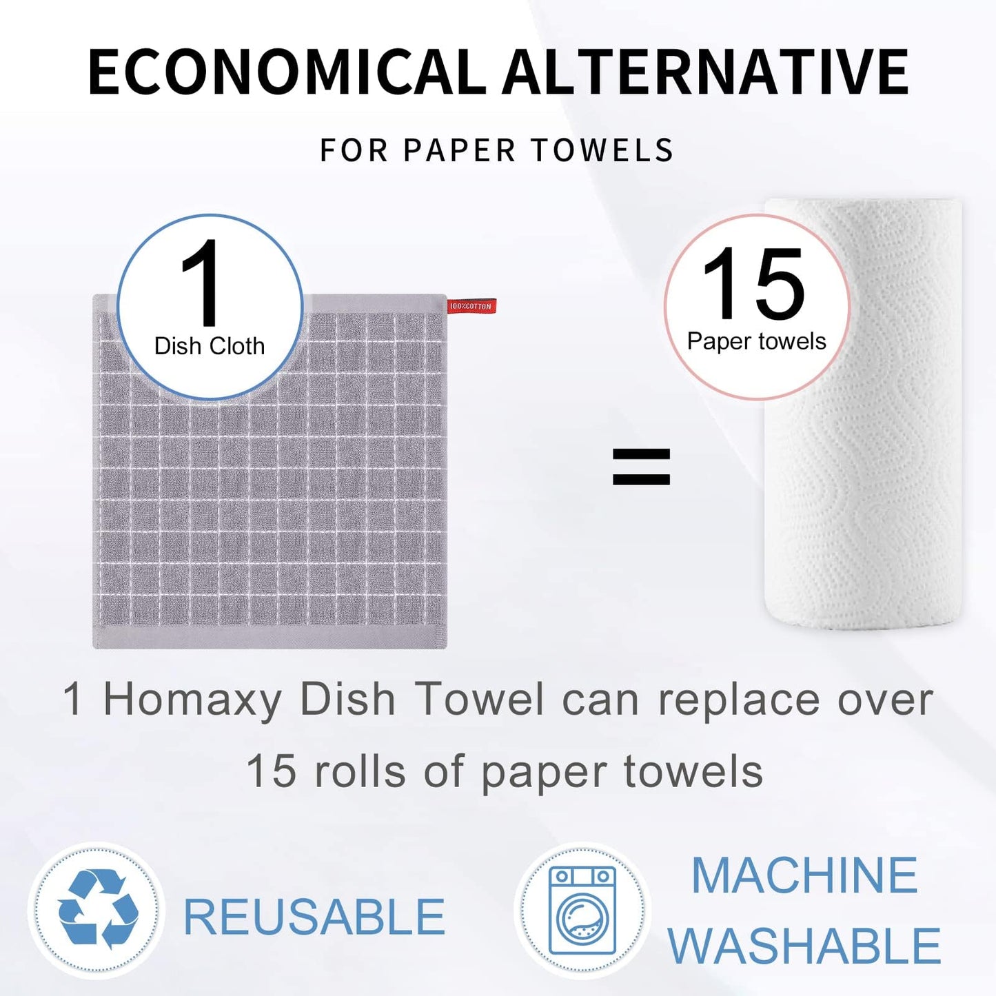 Homaxy 100% Cotton Terry Kitchen Dish Cloths, Ultra Soft and Absorbent Dish Towels for Kitchen, Suitable for Drying and Washing Dishes, 12 Pack, 12 x 12 Inches, Light Grey