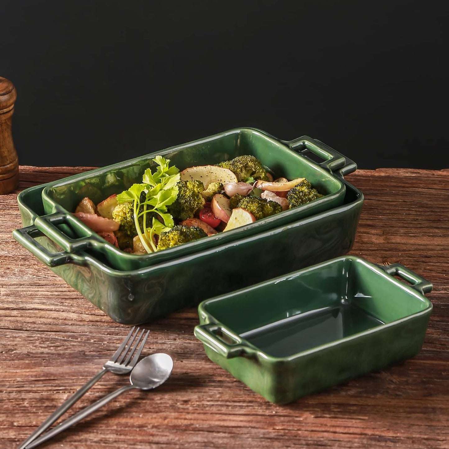 VICRAYS Ceramic Bakeware Set - Porcelain Rectangular Baking Dish for Lasagna & Casserole | 3-Piece, 15 x 8.5 Inches (Green)