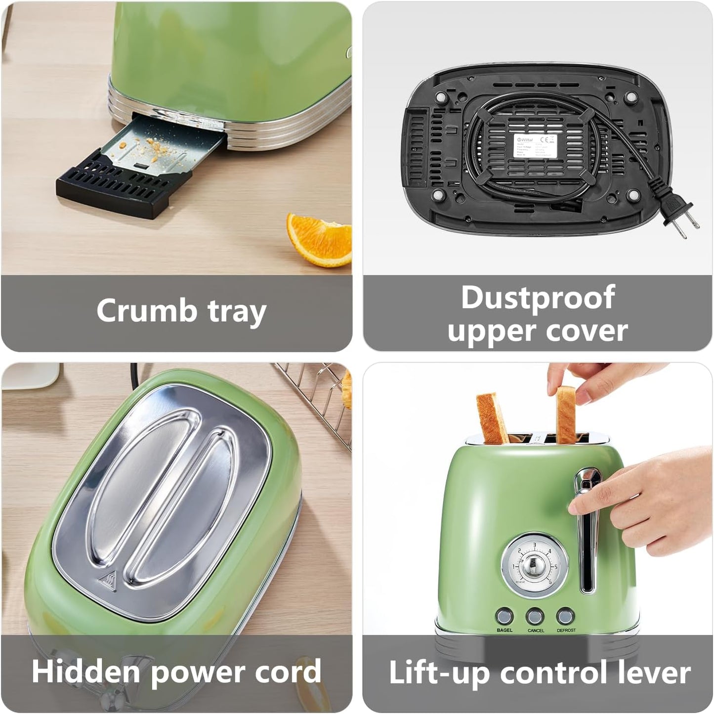 Wiltal Green Retro 2-Slice Toaster - 1.58" Wide Slots, Stainless Steel Lid, Warming Rack & Countdown Timer
