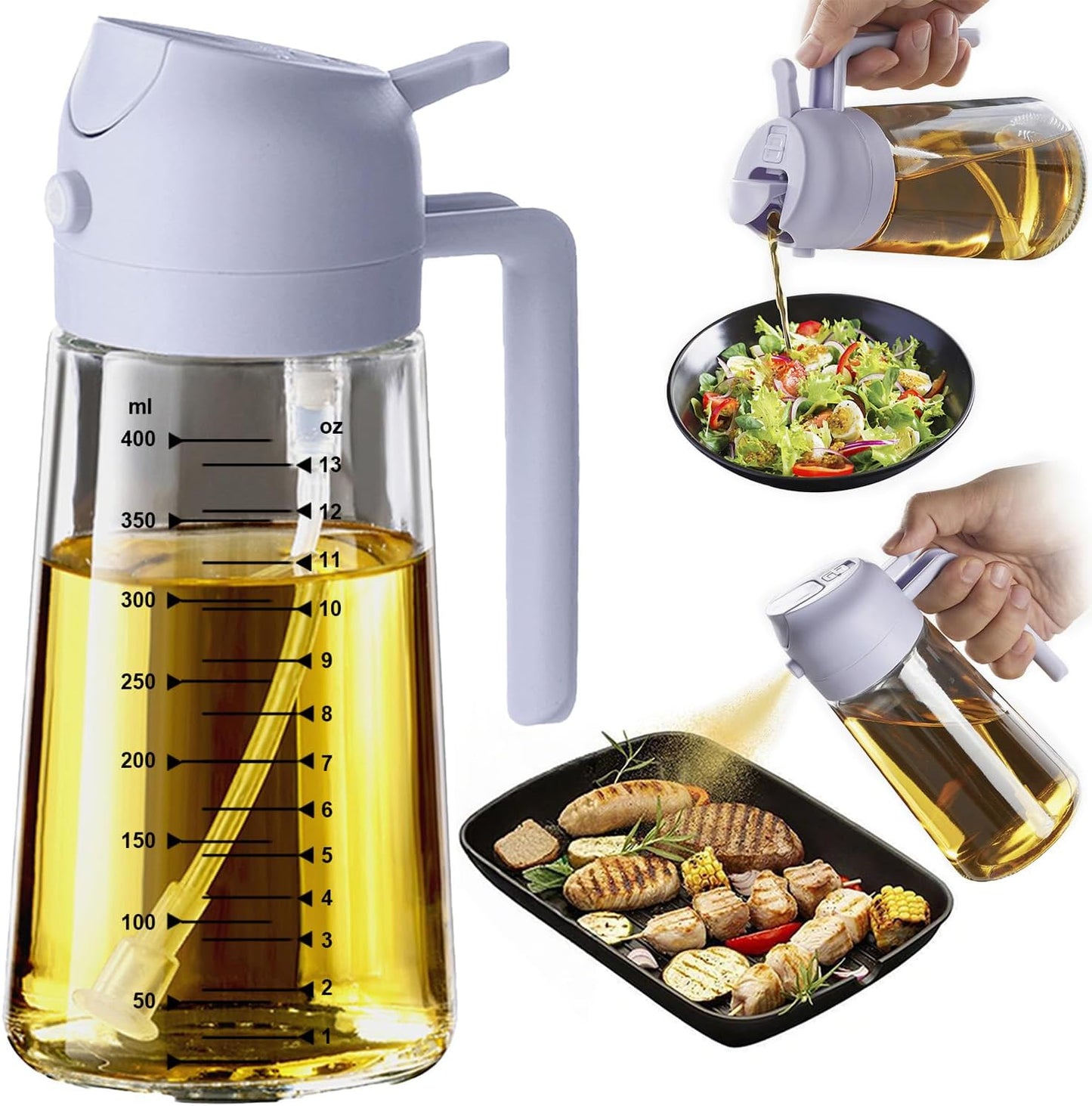 TrendPlain 16oz Glass Olive Oil Sprayer - 2-in-1 Dispenser for Cooking, Air Fryer & BBQ - Periwinkle