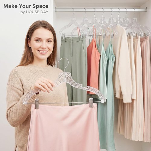 HOUSE DAY Clear Plastic Pants Hangers - 12 Pack Non-Slip Skirt Hangers with Adjustable Clips & 360° Swivel Hook