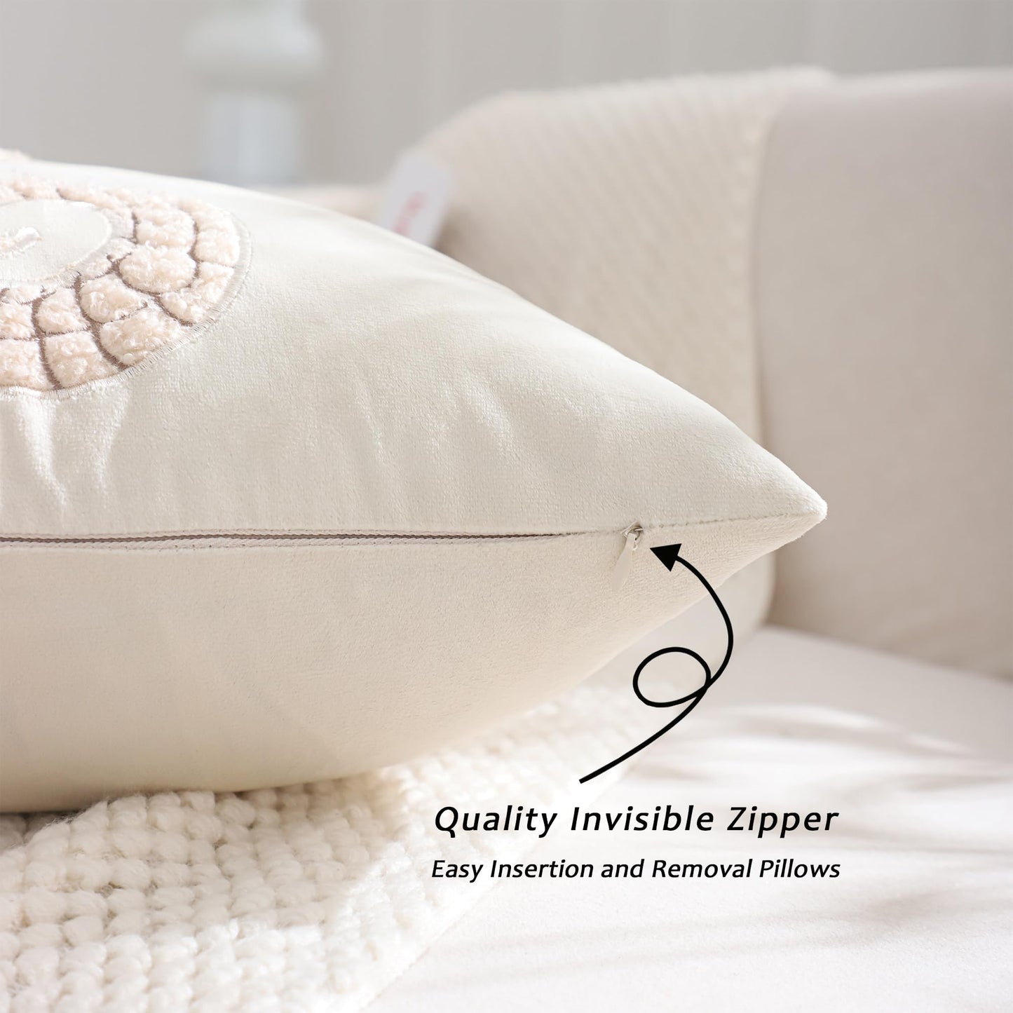 Tosleo Coastal Throw Pillow Covers 18x18 Pack of 2 Beige Seahouse Embroidered Pillow Covers Beach Velvet Pillow Cushion Cases Farmhouse Decor Ocean Themed Pillowcase for Summer