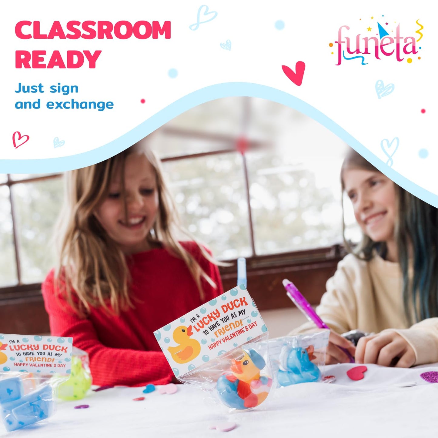Funeta 30 Exchange-Ready Rubber Ducks and Valentine's Day Cards for Kids' School Classroom - Gifts for Kids Class Exchange - Carded Classroom Valentine Party Favors