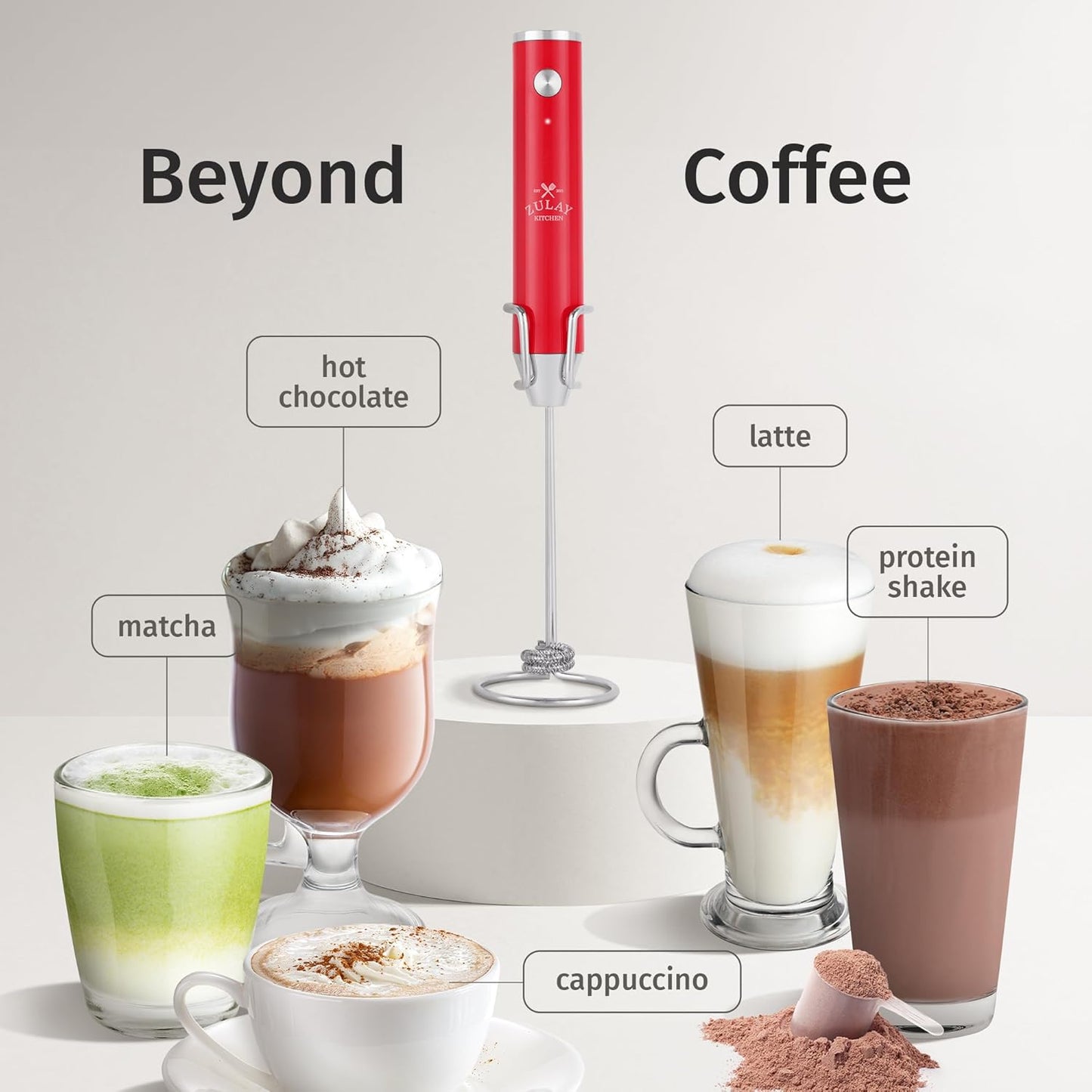 Zulay Kitchen Rechargeable Milk Frother - Powerful 2-Speed Motor & Waterproof Design | 2000mAh Battery - Scarlet Color for Lattes, Cappuccinos, Matcha & Protein Powder