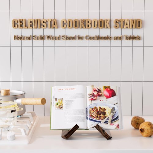 CeleVista Cookbook Stand for Kitchen, Counter Cook Book Holder, Book Stands Display for Echo Show 15,Echo Show 21, Recipe, Photo, iPad(Rustic Brown)