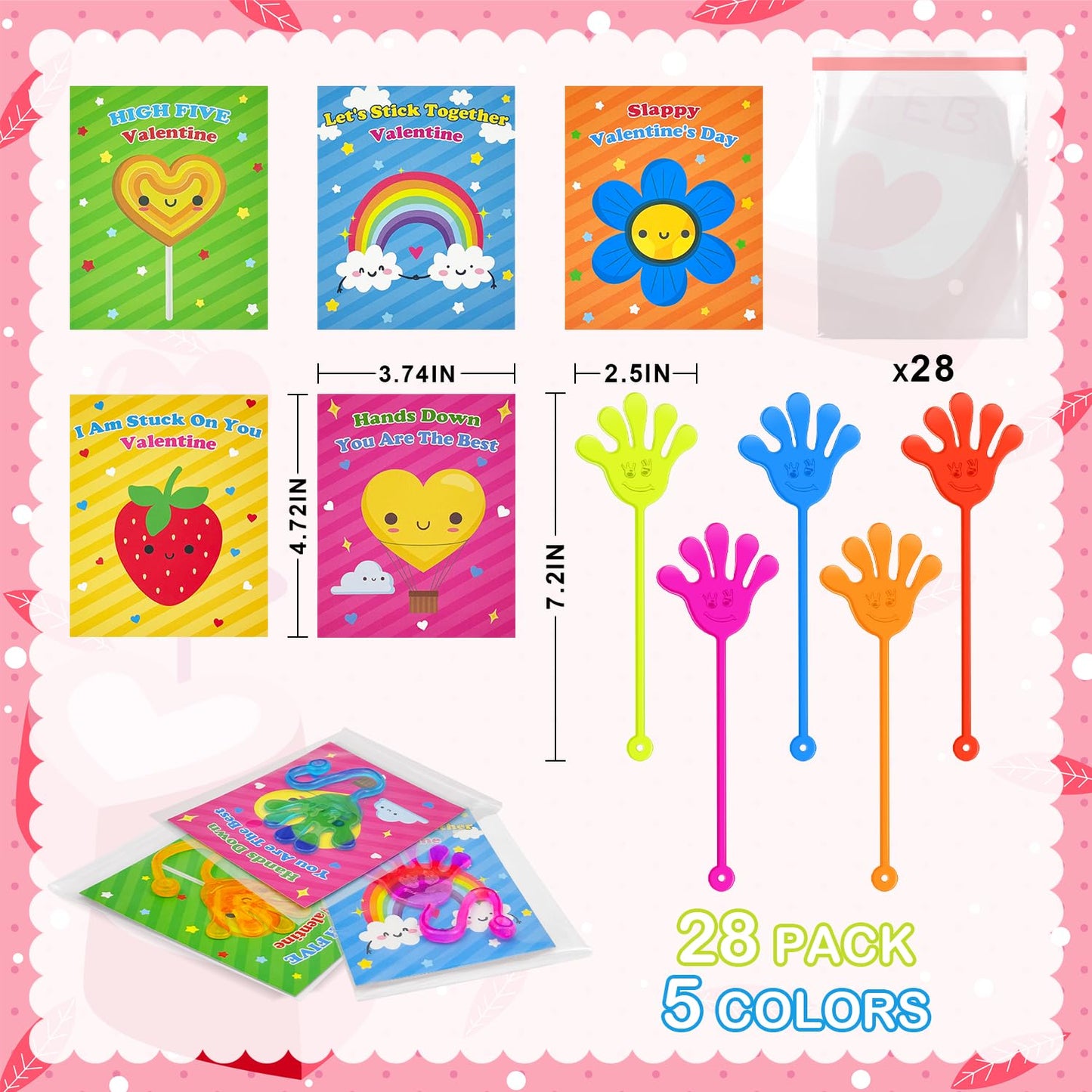 Preschool Valentines Day Gifts for Kids Classroom,28 Pack Valentine Sticky Slappy Hands Toys with Exchange Cards,Valentine Non Candy Party Favors,School Classroom Treats & Prizes for Toddler Boys Girl